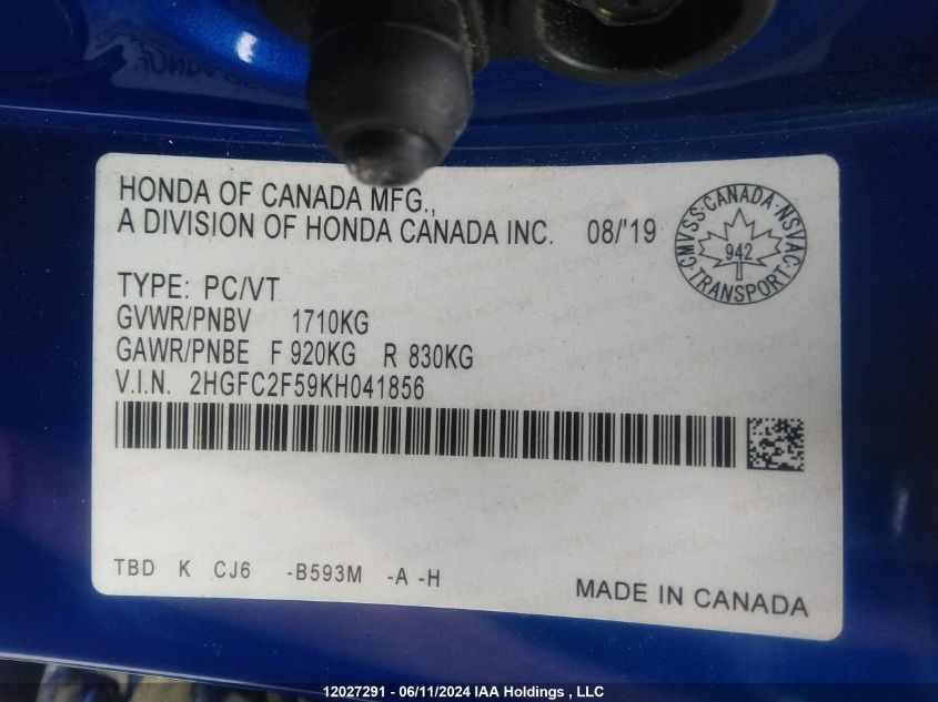 2019 Honda Civic Sedan VIN: 2HGFC2F59KH041856 Lot: 12027291