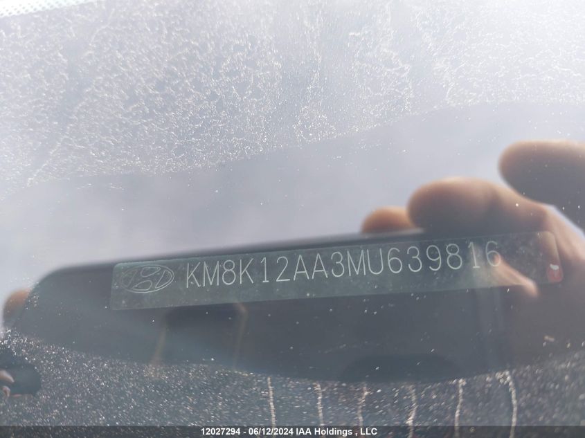2021 Hyundai Kona VIN: KM8K12AA3MU639816 Lot: 12027294
