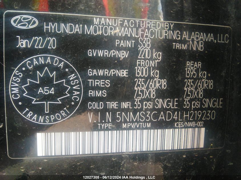 2020 Hyundai Santa Fe Sel/Sel Plus VIN: 5NMS3CAD4LH219230 Lot: 12027305