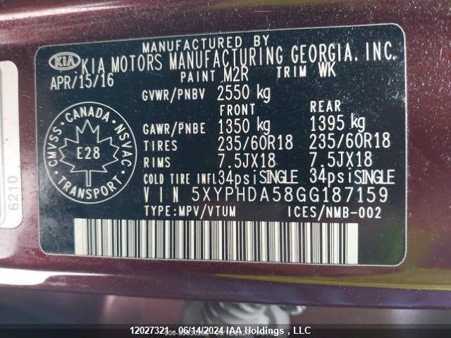 2016 Kia Sorento VIN: 5XYPHDA58GG187159 Lot: 12027321