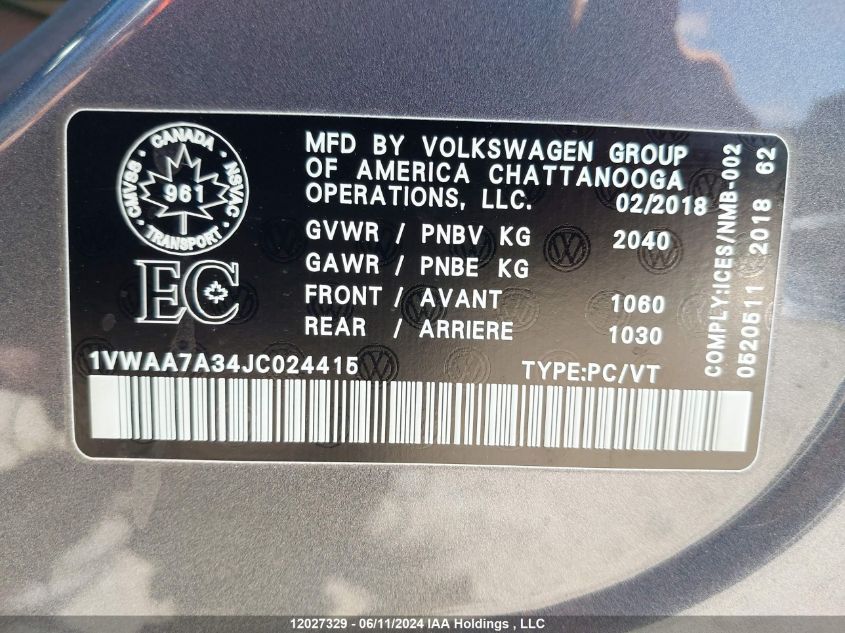 2018 Volkswagen Passat VIN: 1VWAA7A34JC024415 Lot: 12027329