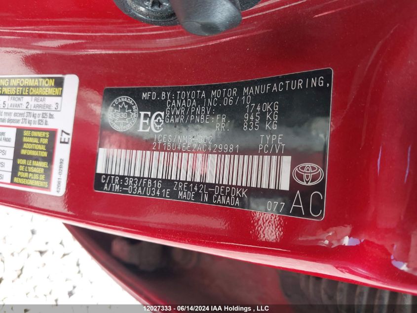 2010 Toyota Corolla VIN: 2T1BU4EE2AC429981 Lot: 12027333