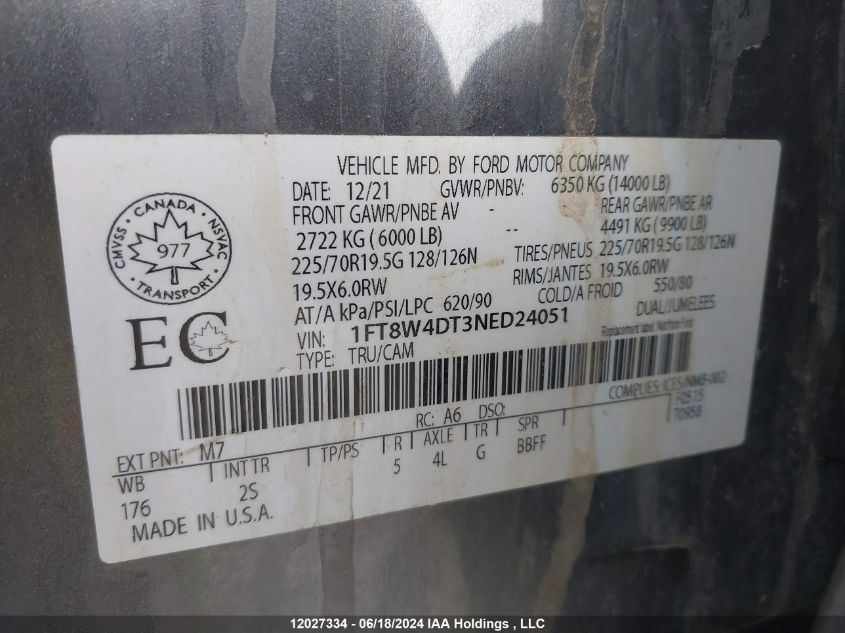 2022 Ford F-450 Xlt VIN: 1FT8W4DT3NED24051 Lot: 12027334