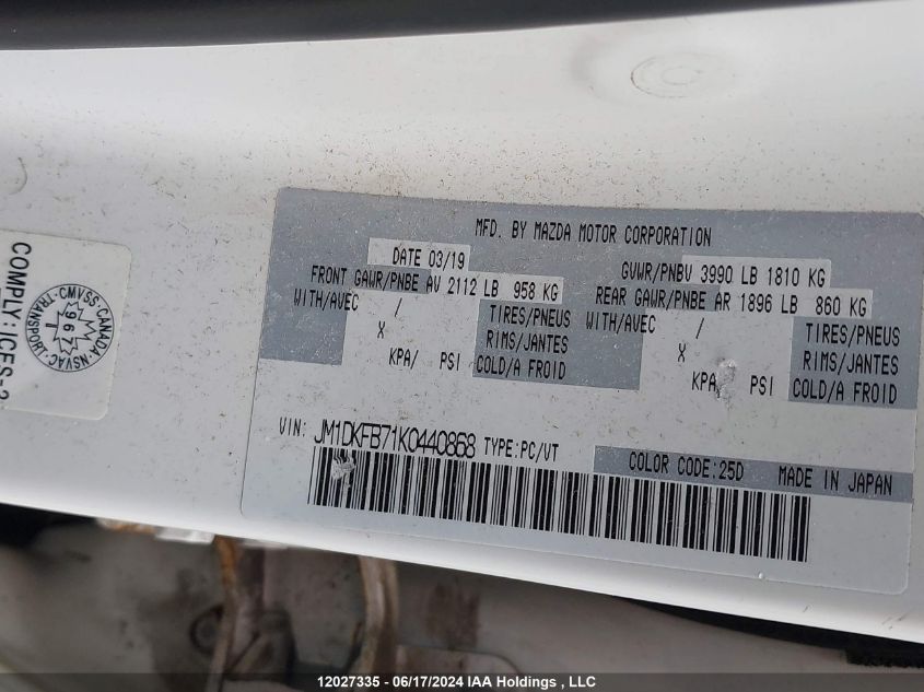 2019 Mazda Cx-3 Sport VIN: JM1DKFB71K0440868 Lot: 12027335