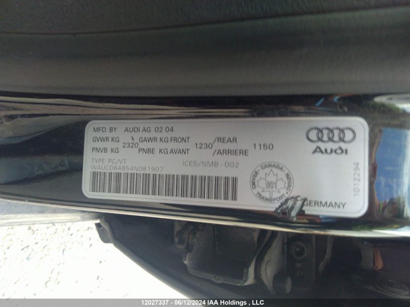 2004 Audi A6 VIN: WAUCD64B54N081907 Lot: 12027337
