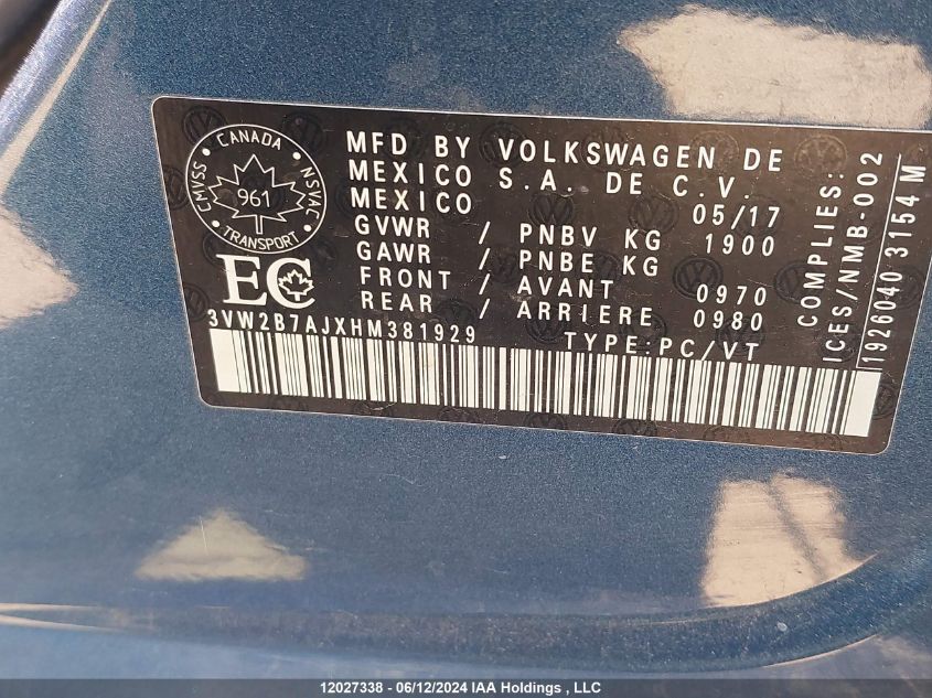 2017 Volkswagen Jetta Sedan VIN: 3VW2B7AJXHM381929 Lot: 12027338