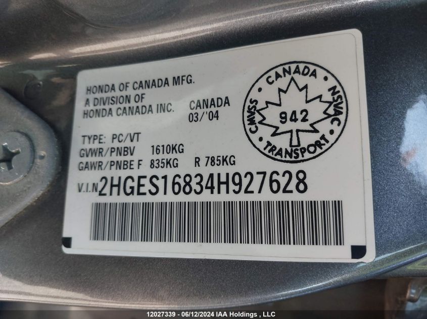 2004 Honda Civic Si Si VIN: 2HGES16834H927628 Lot: 12027339