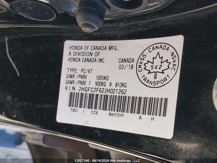 2018 Honda Civic VIN: 2HGFC2F62JH021262 Lot: 12027340