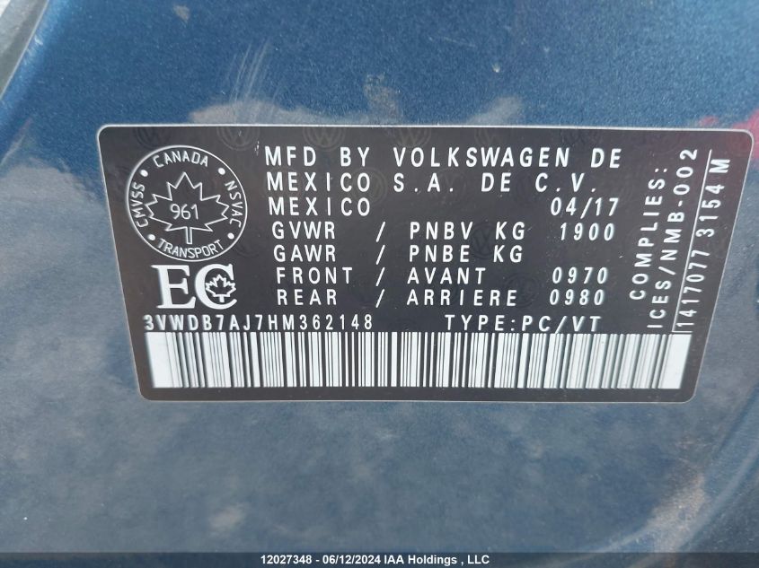 2017 Volkswagen Jetta Sedan VIN: 3VWDB7AJ7HM362148 Lot: 12027348