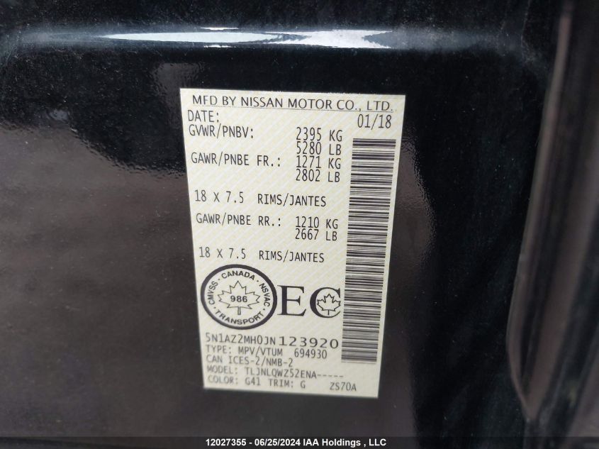 2018 Nissan Murano VIN: 5N1AZ2MH0JN123920 Lot: 12027355