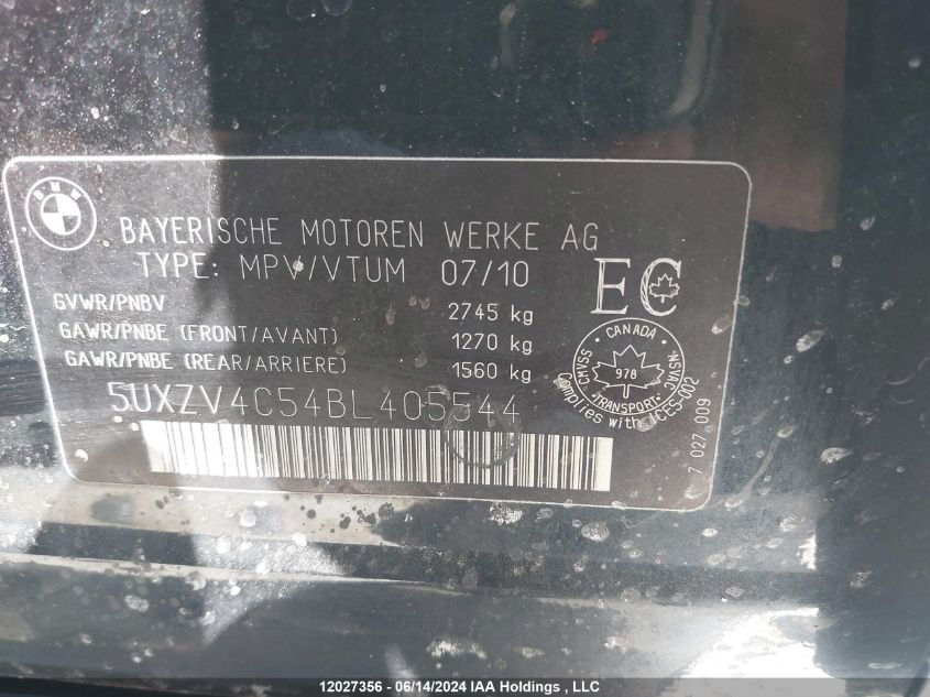 2011 BMW X5 VIN: 5UXZV4C54BL405544 Lot: 12027356