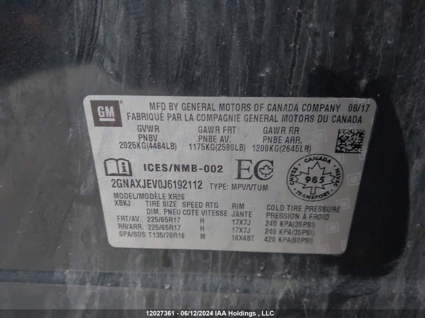 2018 Chevrolet Equinox VIN: 2GNAXJEV0J6192112 Lot: 12027361