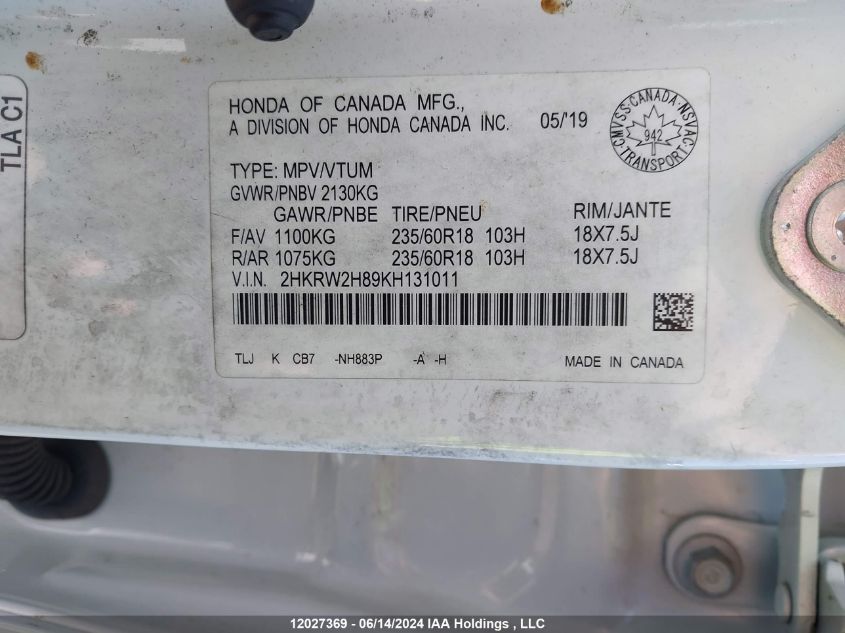 2019 Honda Cr-V VIN: 2HKRW2H89KH131011 Lot: 12027369