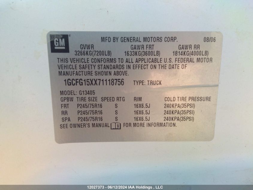 2007 Chevrolet Express Work Van VIN: 1GCFG15XX71118756 Lot: 12027373