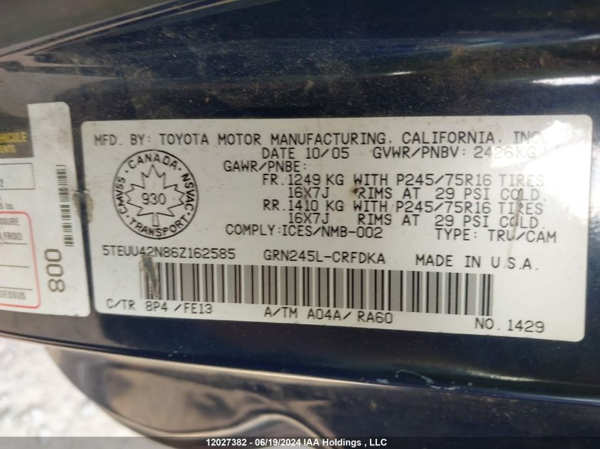 2006 Toyota Tacoma Access Cab VIN: 5TEUU42N86Z162585 Lot: 12027382