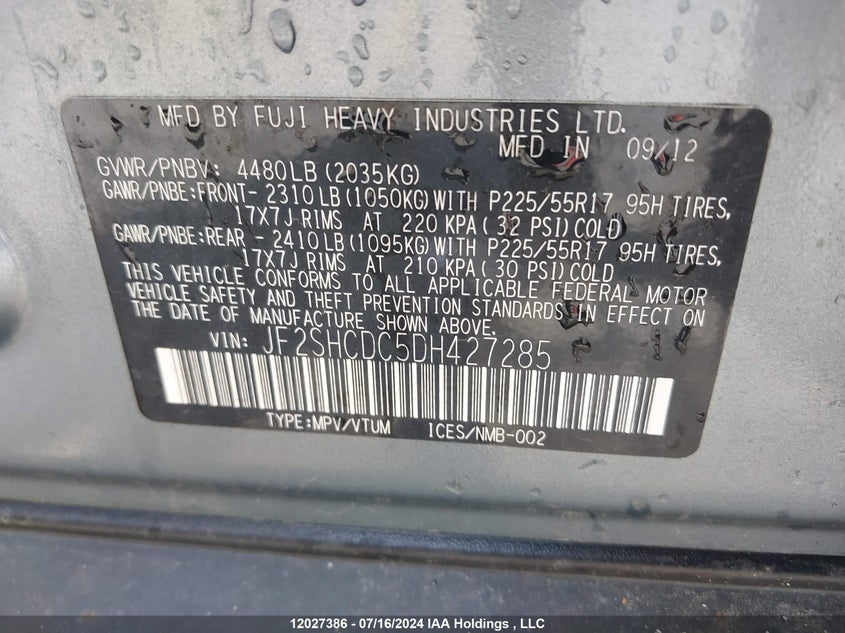 2013 Subaru Forester VIN: JF2SHCDC5DH427285 Lot: 12027386