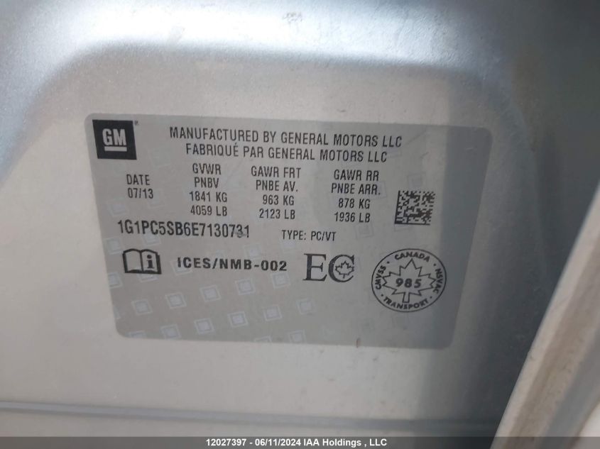 2014 Chevrolet Cruze Lt VIN: 1G1PC5SB6E7130731 Lot: 12027397
