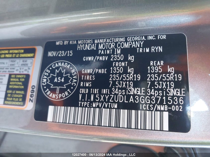 2016 Hyundai Santa Fe Sport VIN: 5XYZUDLA3GG371536 Lot: 12027400