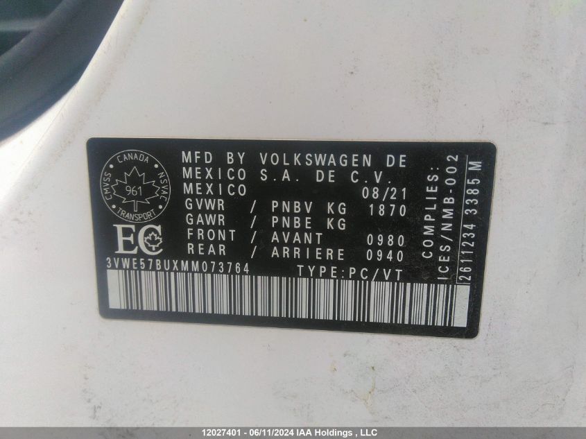 2021 Volkswagen Jetta VIN: 3VWE57BUXMM073764 Lot: 12027401