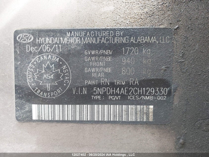 2012 Hyundai Elantra Gls/Limited VIN: 5NPDH4AE2CH129330 Lot: 12027402