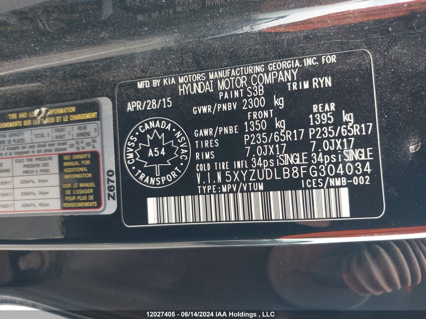 2015 Hyundai Santa Fe Sport 2.4 Premium VIN: 5XYZUDLB8FG304034 Lot: 12027405