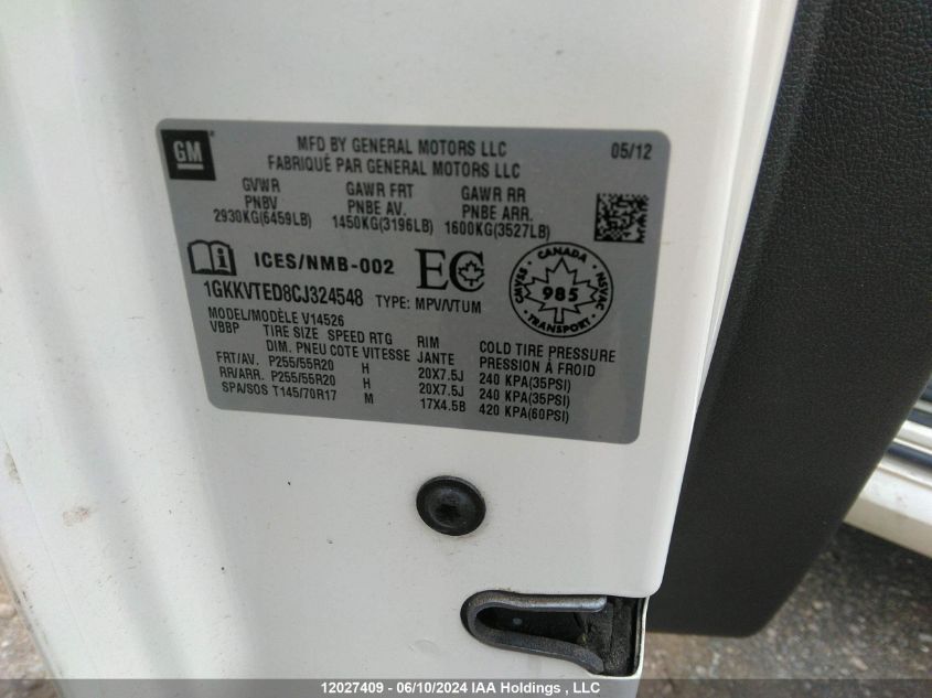 2012 GMC Acadia Denali VIN: 1GKKVTED8CJ324548 Lot: 12027409