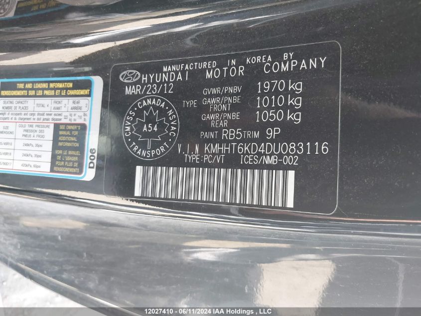 2013 Hyundai Genesis Coupe 2.0T VIN: KMHHT6KD4DU083116 Lot: 12027410