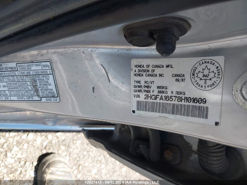 2008 Honda Civic Sdn VIN: 2HGFA16578H101609 Lot: 12027413