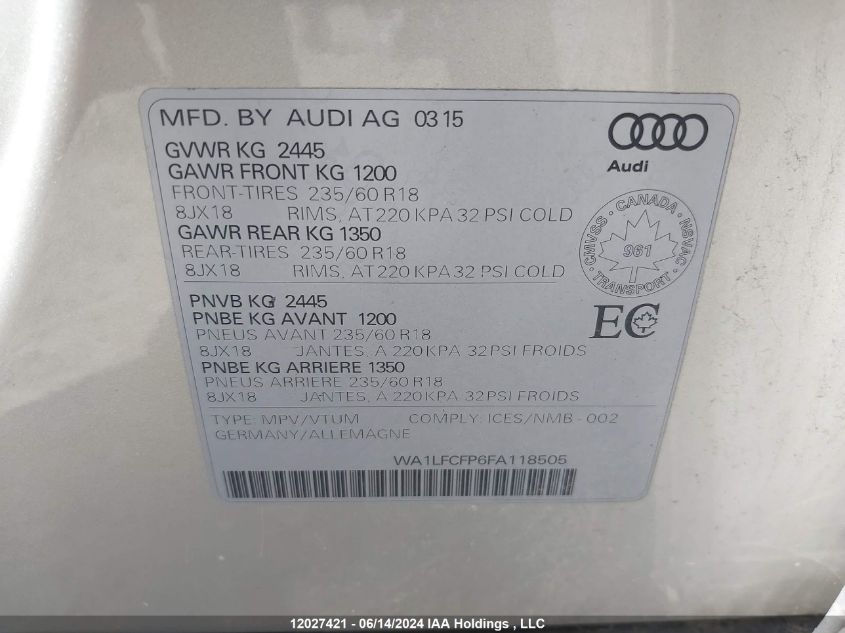 2015 Audi Q5 VIN: WA1LFCFP6FA118505 Lot: 12027421