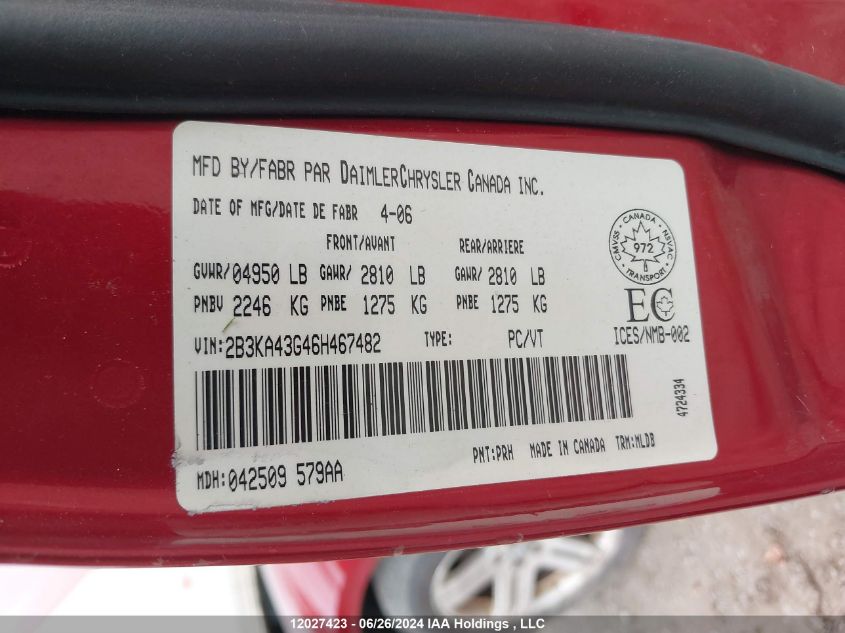 2006 Dodge Charger VIN: 2B3KA43G46H467482 Lot: 12027423