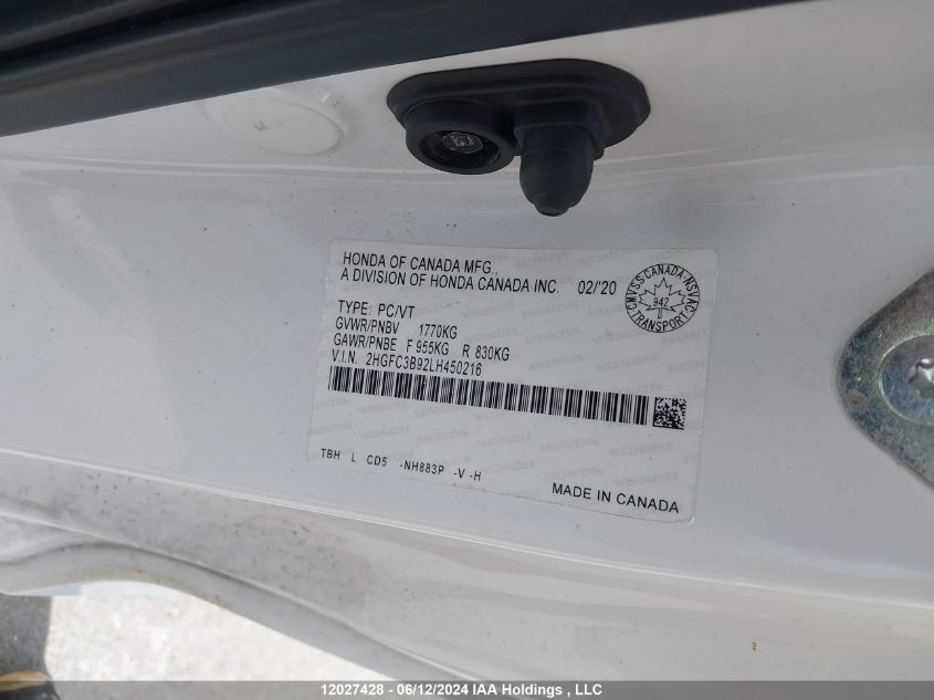 2020 Honda Civic VIN: 2HGFC3B92LH450216 Lot: 12027428