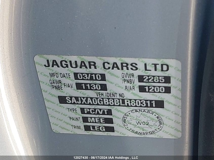 2011 Jaguar Xf VIN: SAJXA0GB8BLR80311 Lot: 12027430