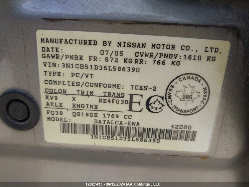 2005 Nissan Sentra VIN: 3N1CB51D35L586390 Lot: 12027433