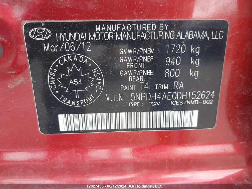 2013 Hyundai Elantra VIN: 5NPDH4AE0DH152624 Lot: 12027435