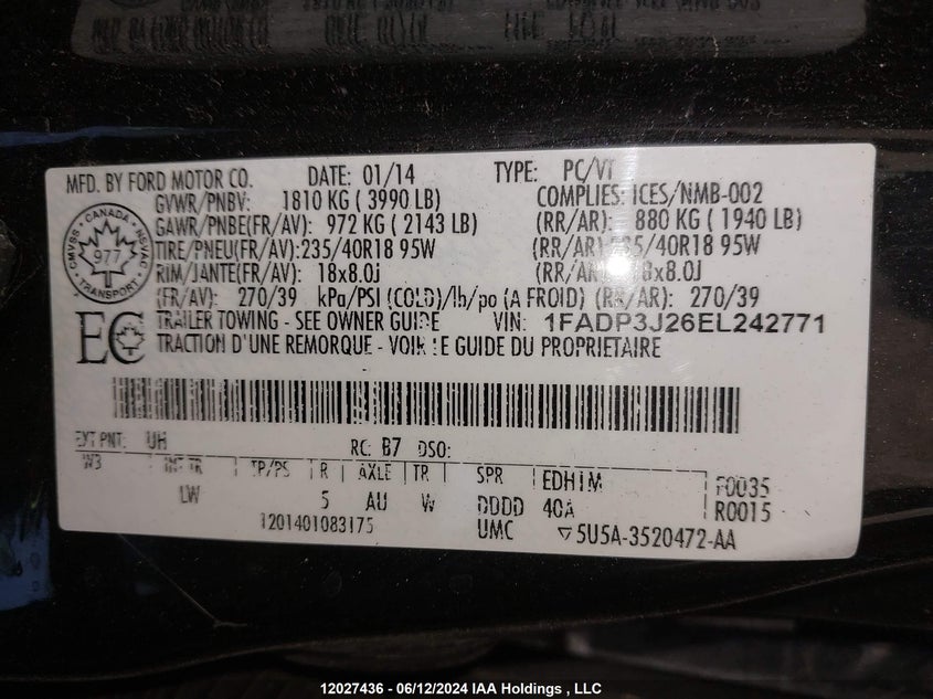 2014 Ford Focus Titanium VIN: 1FADP3J26EL242771 Lot: 12027436