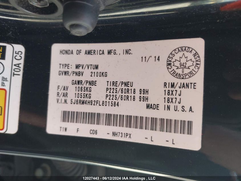 2015 Honda Cr-V VIN: 5J6RM4H92FL801584 Lot: 12027443