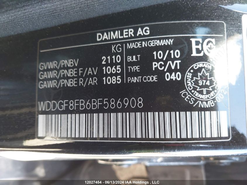 2011 Mercedes-Benz C-Class VIN: WDDGF8FB6BF586908 Lot: 12027454