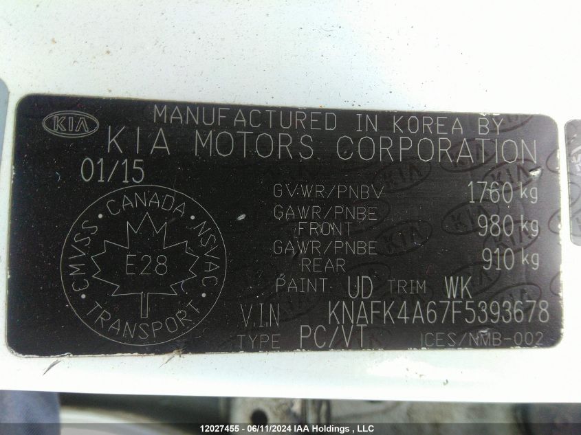 2015 Kia Forte VIN: KNAFK4A67F5393678 Lot: 12027455