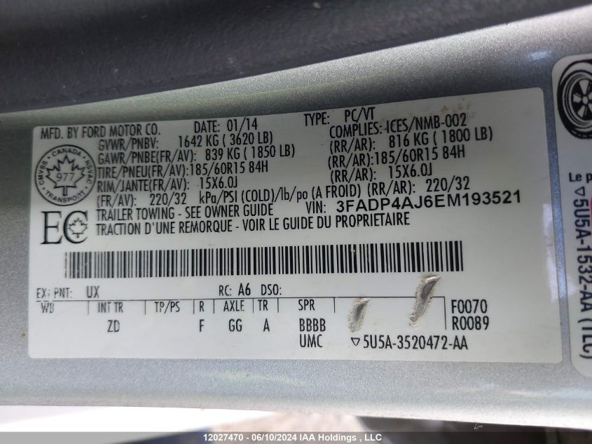 2014 Ford Fiesta S VIN: 3FADP4AJ6EM193521 Lot: 12027470