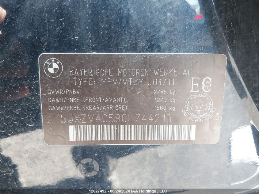 2012 BMW X5 VIN: 5UXZV4C58CL744213 Lot: 12027492