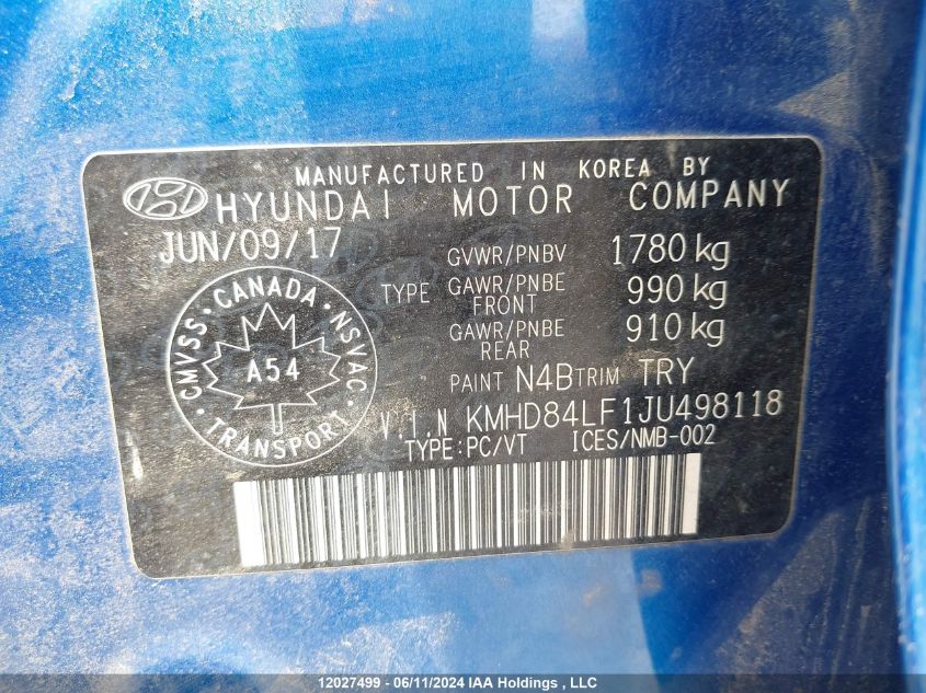 2018 Hyundai Elantra Gl Se VIN: KMHD84LF1JU498118 Lot: 12027499