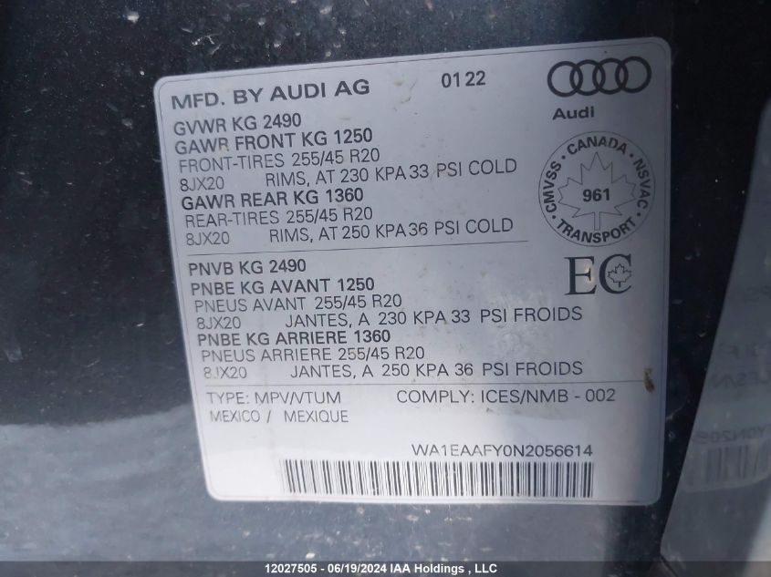 2022 Audi Q5 VIN: WA1EAAFY0N2056614 Lot: 12027505