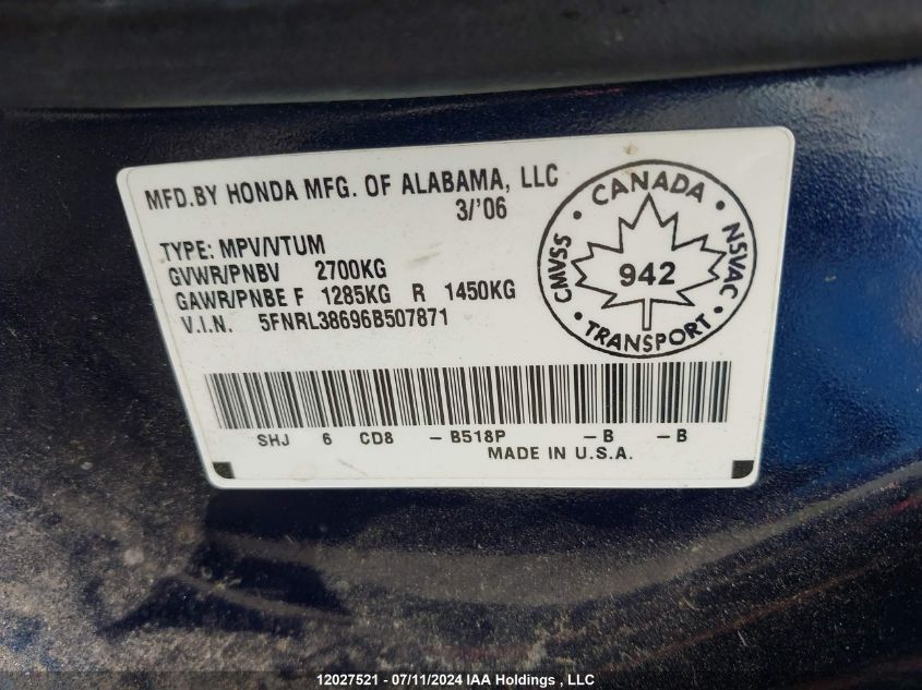 2006 Honda Odyssey Exl VIN: 5FNRL38696B507871 Lot: 12027521