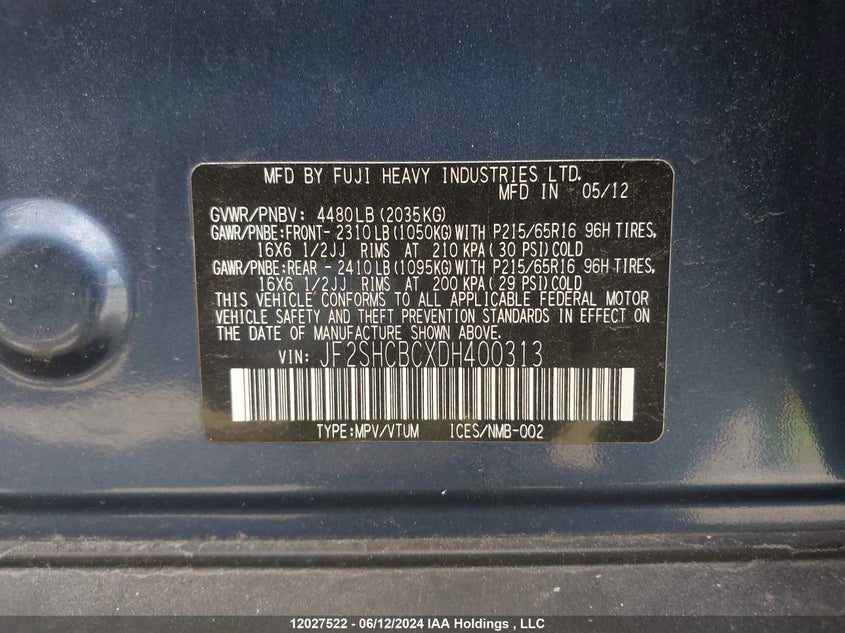 2013 Subaru Forester VIN: JF2SHCBCXDH400313 Lot: 12027522