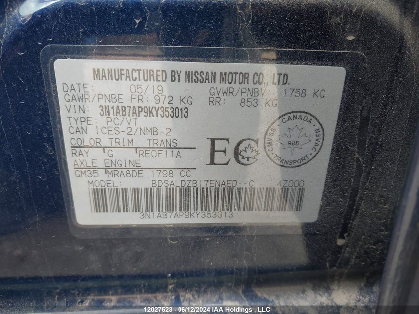 2019 Nissan Sentra VIN: 3N1AB7AP9KY353013 Lot: 12027523