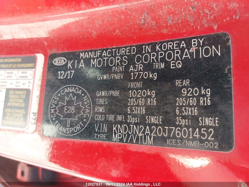 2018 Kia Soul VIN: KNDJN2A20J7601452 Lot: 12027531