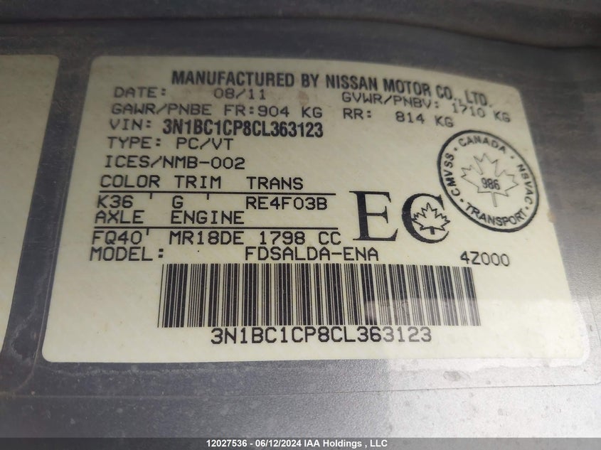 2012 Nissan Versa S/Sl VIN: 3N1BC1CP8CL363123 Lot: 12027536