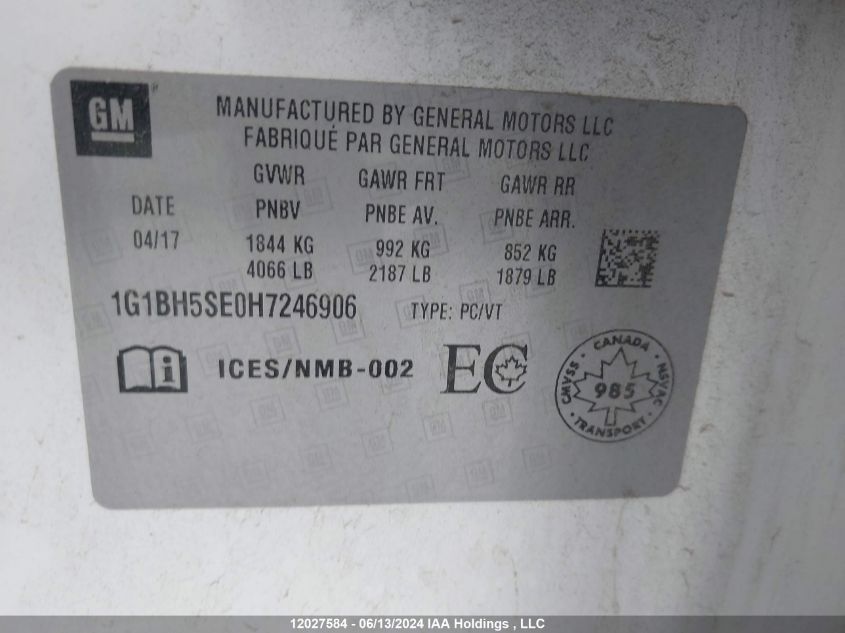 2017 Chevrolet Cruze Lt VIN: 1G1BH5SE0H7246906 Lot: 12027584