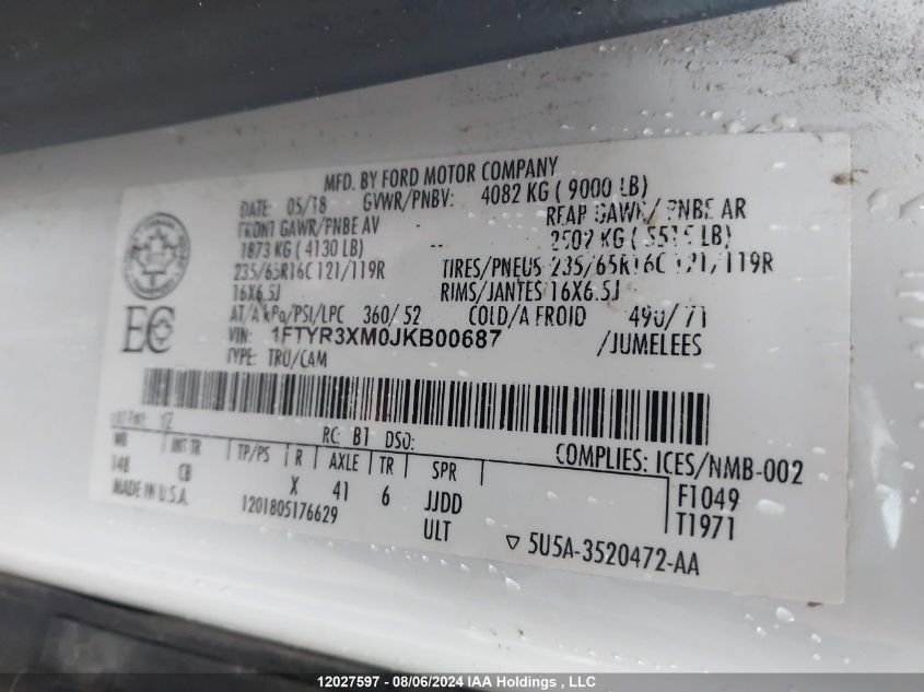 2018 Ford Transit T-250 VIN: 1FTYR3XM0JKB00687 Lot: 12027597