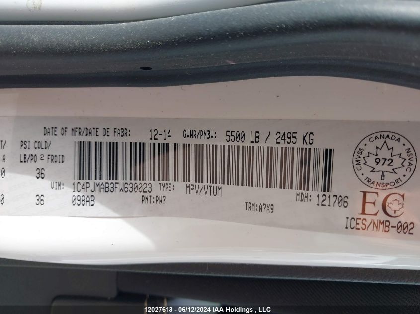 2015 Jeep Cherokee Sport VIN: 1C4PJMAB3FW630023 Lot: 12027613